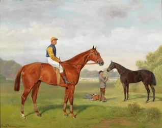 Arulo und Komamasszony, zwei siegreiche Rennpferde des Freiherrn Hermann von Königswarter mit dem Jockey Robert Adams